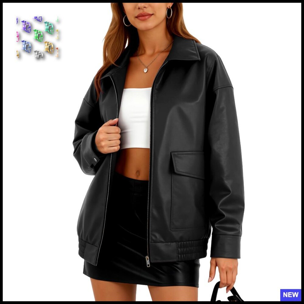 Oversized Faux Leather Motorcycle Jacket Bomber Style Double Pockets Y2K